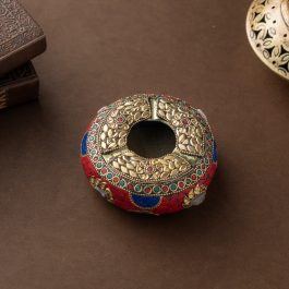 Indian Home Decor | Handcrafted Wooden Brass Ashtray – Mosaic & Gemstone Inlay